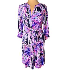 Lilly Pulitzer Sz M Bailor Palms Up Dress Sash EUC Vibrant Pink Blue Navy Tropic